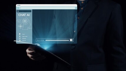 A professional man presents a digital device featuring a chat AI interface with user avatars and messaging bubbles, illustrating modern communication in business environments. Qubit - Powered by Adobe