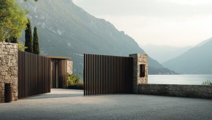 Modern Estate Entrance with Lake View and Mountain Backdrop.