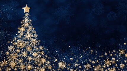 Elegant Christmas Tree with Golden Snowflakes and Star on Dark Blue.