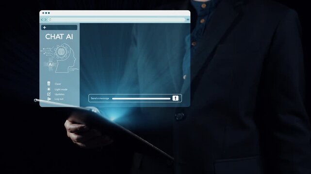 A professional man presents a digital device featuring a chat AI interface with user avatars and messaging bubbles, illustrating modern communication in business environments. Qubit - Powered by Adobe