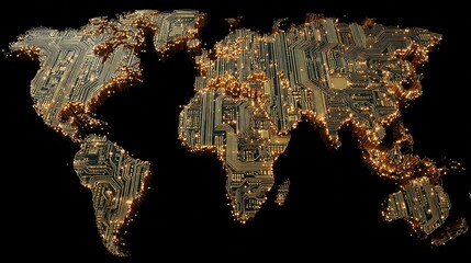 Digital World Map - A Circuit Board Representation of Global Connectivity.