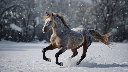 A stunning gray horse gallops gracefully through the snowy landscape, showcasing its strength and beauty amidst falling snowflakes.