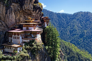 Taktsang Monastery (know as Tiger Nest), a sacred Himalayan Buddhist site in the cliffside of the upper Paro valley is the most famous monastery of Bhutan