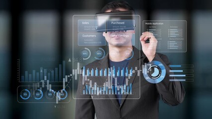 A businessman immersed in virtual reality technology conducts financial analysis with advanced data visualization tools in a sleek modern office setting. Raster - Powered by Adobe
