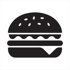 Simple black silhouette icon of a classic hamburger with cheese and sesame seeds on a bun