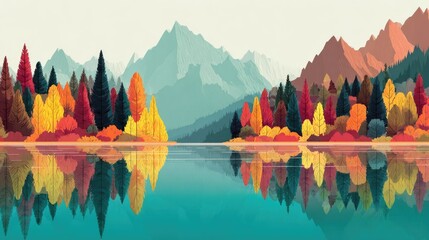 Colorful landscape with mountains trees and water reflection illustration