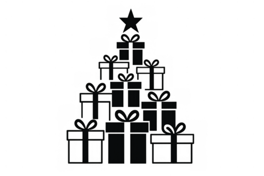 Christmas presents vector icon forming a festive tree shape with a star, transparent background