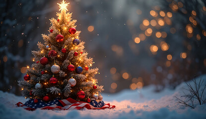 Christmas Tree with Red, White & Blue Ornaments and American Flag Base in Snowy Festive Scene