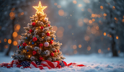 Christmas Tree with Red, White & Blue Ornaments and American Flag Base in Snowy Festive Scene