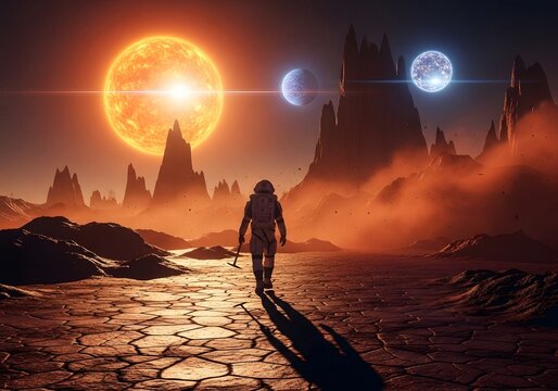 Lone figure walks on alien planet towards a giant sun and moons
