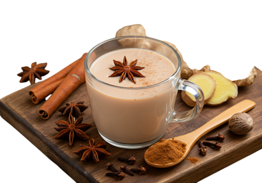 Masala chai latte with spices isolated on transparent background