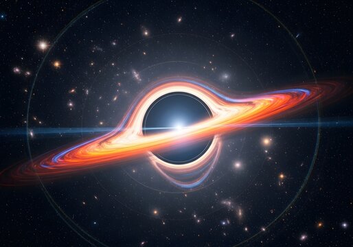 Artistic representation of a black hole with accretion disk and stars - Powered by Adobe