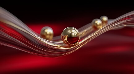 Red ribbon with gold balls on it. The ribbon is long and the balls are scattered all over it