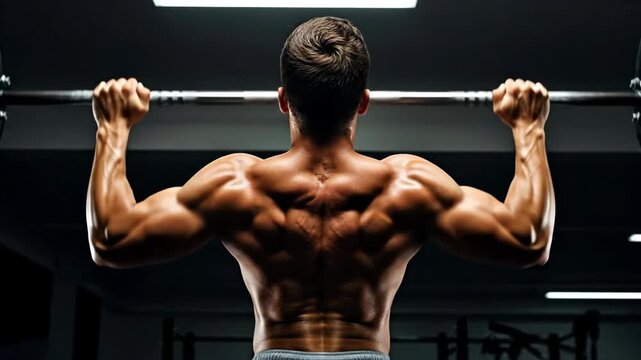 Intense fitness routine: man performing pullups in gym with focus on strength and muscle definition