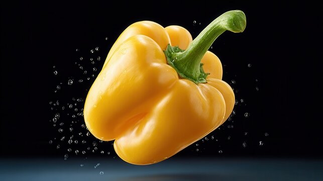 Yellow Bell Pepper Floating With Water Droplets on a Dark Background During Fresh Produce Display - Powered by Adobe