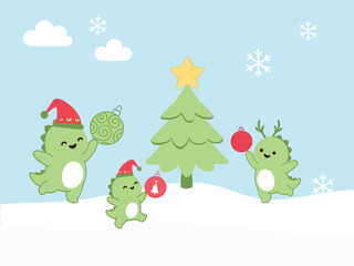 Cute christmas dinosaur scene vector, three green dinos decorating a tree in a snowy landscape with star, ornaments and snowflakes, kawaii winter illustration for kids.