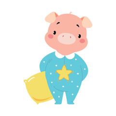 Cute Pig Character in Pajamas with Pillow Have Bedtime Vector Illustration