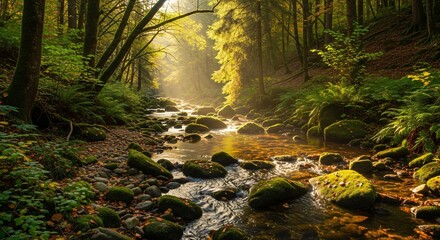 Fototapeta premium Breathtaking sunlit forest stream flowing over mossy rocks, perfect for nature lovers and landscape photography, evokes peace and tranquility in the woods