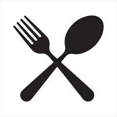 Simple black silhouette of a fork and spoon crossed together isolated on a white background