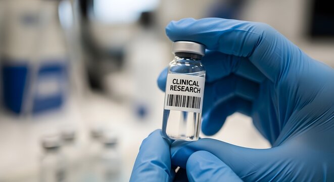Hand in glove holding a clinical research vaccine vial in a laboratory setting