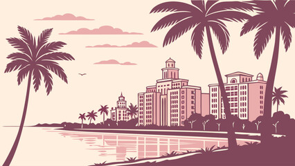 Obraz premium Minimalist vector of Boca Raton skyline with palm reflection, elegant pastel tone ideal for coastal travel posters and decor art 