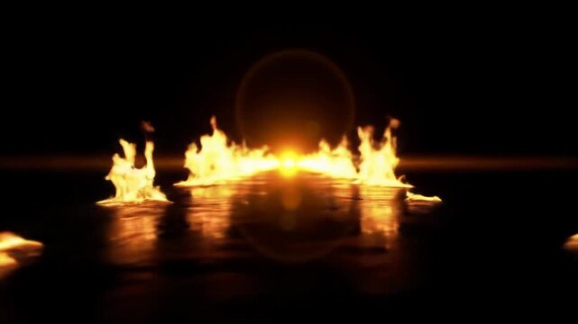 A cinematic, wide, low-angle video of an inferno-like corridor with brilliant orange and yellow flames rising from a reflective obsidian floor, receding to a blinding golden light against an infinite