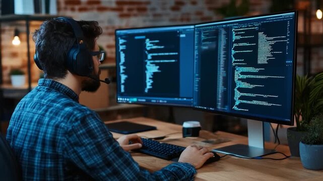 Coding Devotion: A focused individual, adorned in a headset, deeply engrossed in the complex world of coding, illuminated by the glow of computer screens displaying streams of digital language.