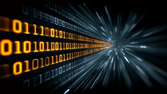 Series of binary numbers are displayed in a black background. The numbers are in a row and are orange