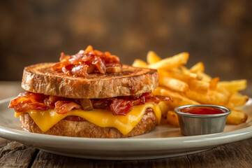 Bacon and cheese grilled sandwich served with crispy fries and dipping sauce on a wooden table