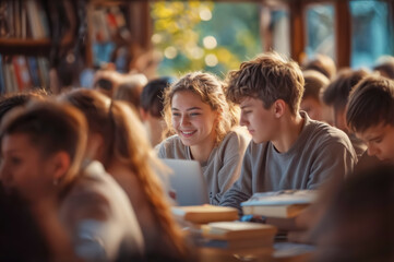 Students engaged in collaborative learning at a cozy classroom in the afternoon sunlight