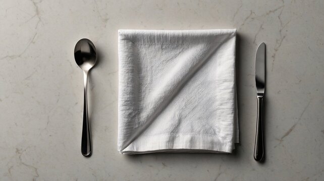 An elegant setting featuring a white napkin and cutlery arranged on a marble table.