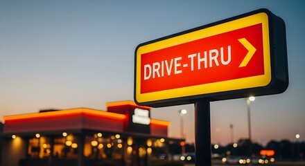 Obraz premium Drive-Thru Sign at Dusk Invites Onlookers to Quickly Grab a Meal with Convenience