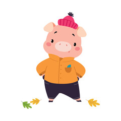 Cute Pig Character Walk in Park at Autumn Season Vector Illustration