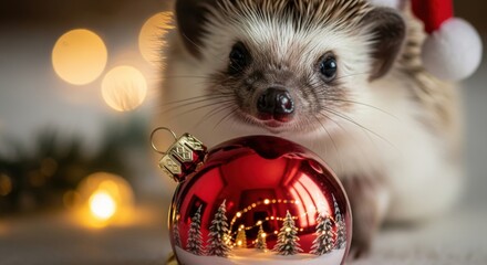 An adorable and festive close-up of a small cute hedgehog wearing a tiny Santa hat. This macro detail shot focuses on the hedgehog looking at a shiny Christmas ball toy which reflects the snowy forest