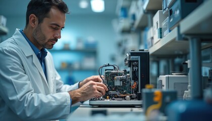 Technician in white coat repairs medical device in laboratory. Focused engineer works with electronic hardware, circuit board. Skilled man fixing complex equipment in modern science workshop for