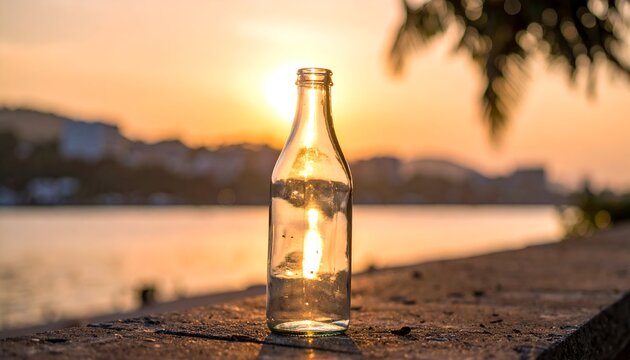 A glass bottle filled with water, backlit by a sunset over a body of water