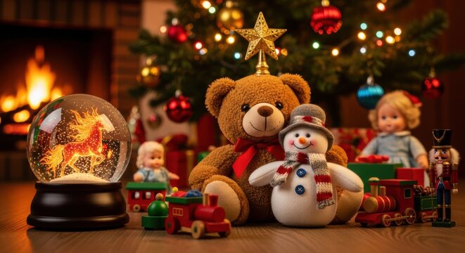A magical holiday concept from a child's perspective, showing classic Christmas toys like a teddy bear and snowman under a decorated tree. In the background, a warm fireplace glows and a table holds a