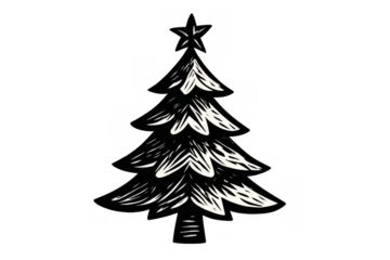 Hand drawing christmas tree with star and woodcut texture, black and white holiday symbol, transparent background
