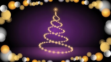 Elegant christmas tree made of golden stars on a purple background with bokeh