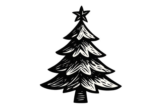 Hand drawing christmas tree with star and woodcut texture, black and white holiday symbol, transparent background