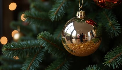 Gold Christmas ornament hanging on tree with blurred bokeh lights  
