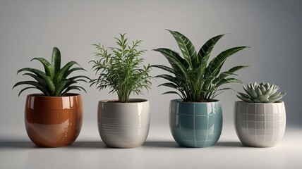 Fototapeta premium Four decorative potted plants in various shapes and colors, adding a touch of nature to any indoor space.