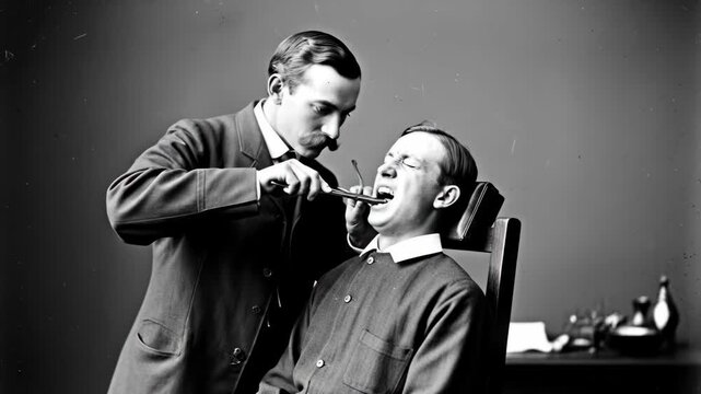 Vintage dentist performing procedure on patient with antique tools in classic setting
