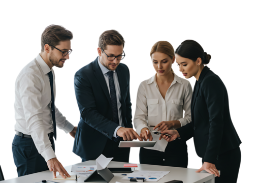 Business team using tablet isolated on transparent background