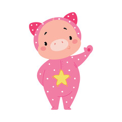 Cute Pig Character Wear Jumpsuit or Pajamas Vector Illustration