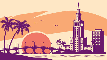Naklejka premium Minimalist vector of Miami skyline sunset gradient clean modern tone, elegant travel illustration for decor and city poster design 
