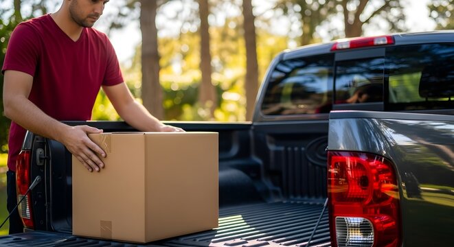 Man Loading a Cardboard Box Into the Bed of a Pickup Truck for Moving