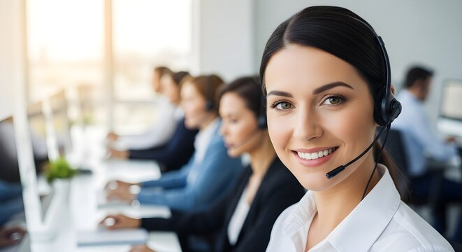 Customer service professional smiling while working at a call center with coworkers