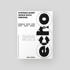 Abstract black-and-white poster featuring liquid glass distortion and smooth refraction effects. A futuristic composition blending typography, reflection, and optical illusion