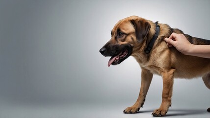 Obraz premium A medium-sized dog stands attentively as a hand adjusts its collar, showcasing its playful and loyal personality.